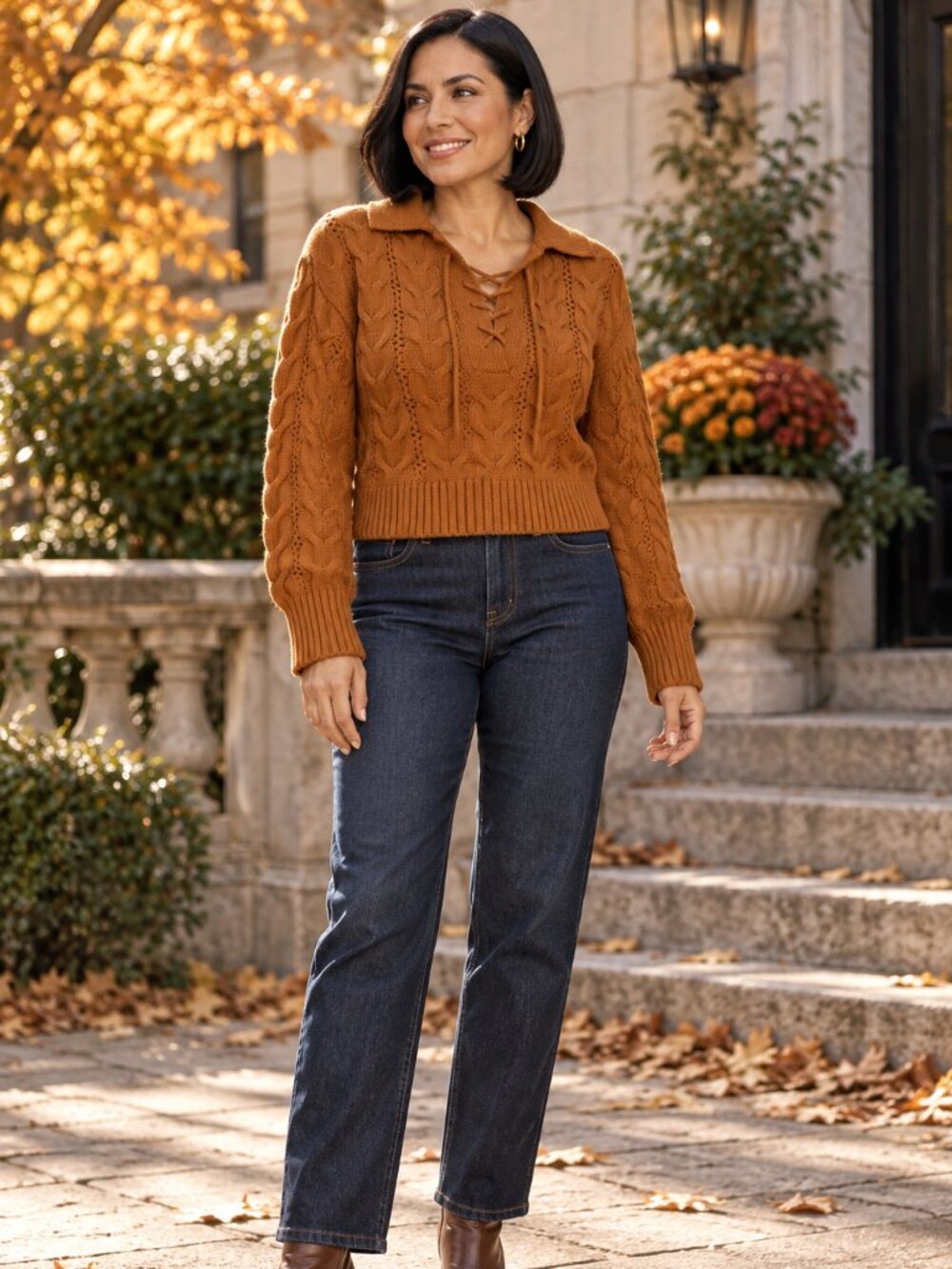 a.n.a A New Approach Caramel Cable Knit Lace-Up Cropped Sweater S
